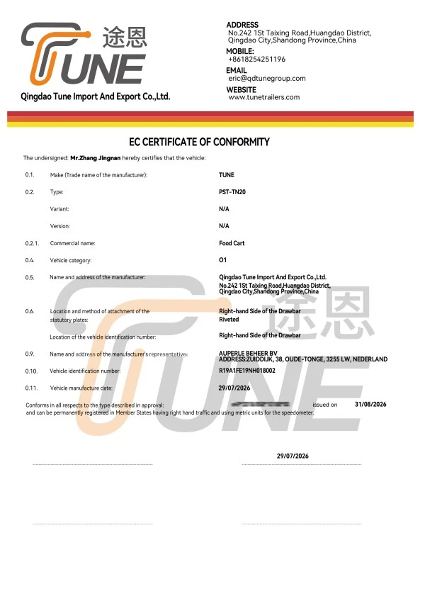 COC certificate of conformity for mobile food trailer